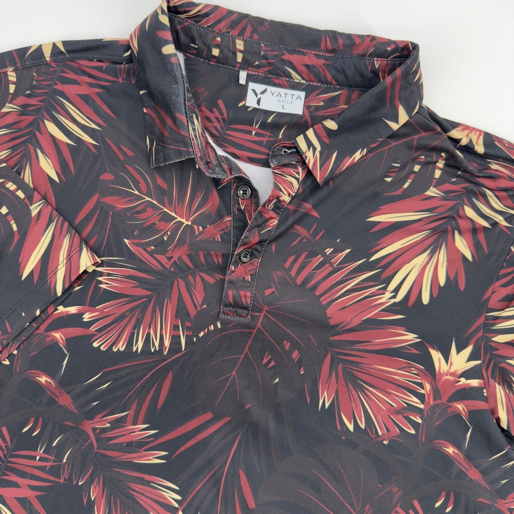 Yatta Golf Mens Large Tropical Palm Leaf Performance Polo Shirt Burgundy Black L